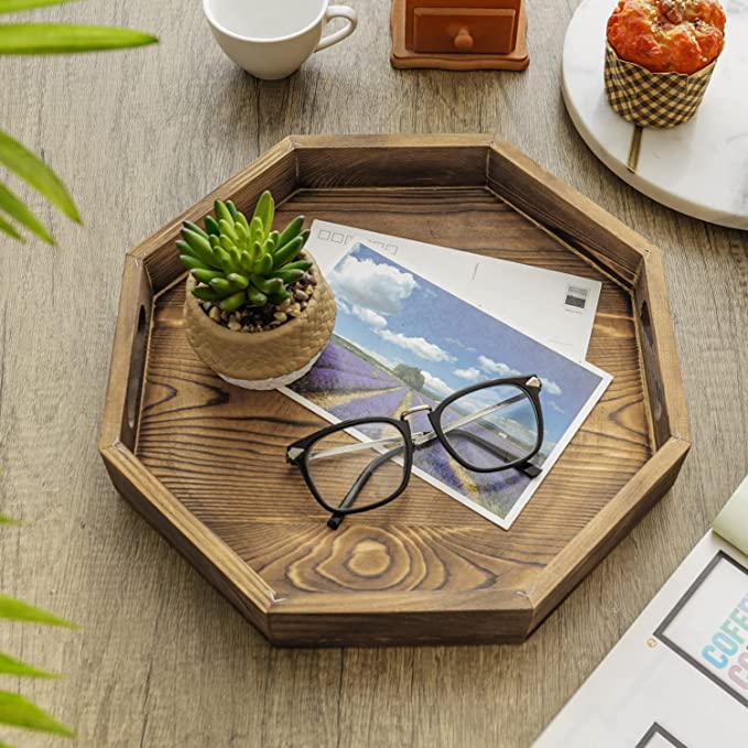 12 Inch Burnt Wood Octagon Serving Tray, Ottoman Coffee Table Tray with Cutout Handles-MyGift