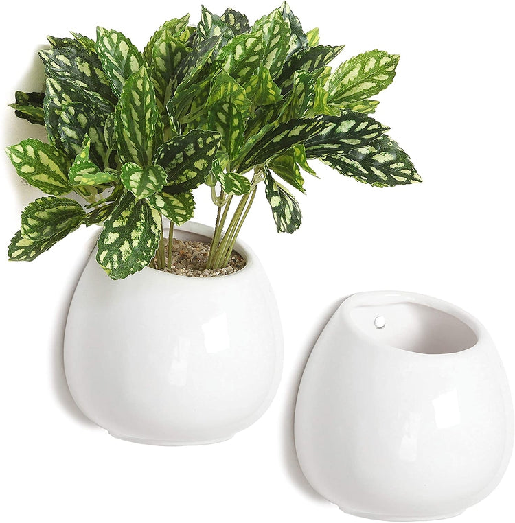 Set of 2, White 4-Inch Wall Mounted Ceramic Flower Plant Vase, Small Succulent Planter Pots-MyGift