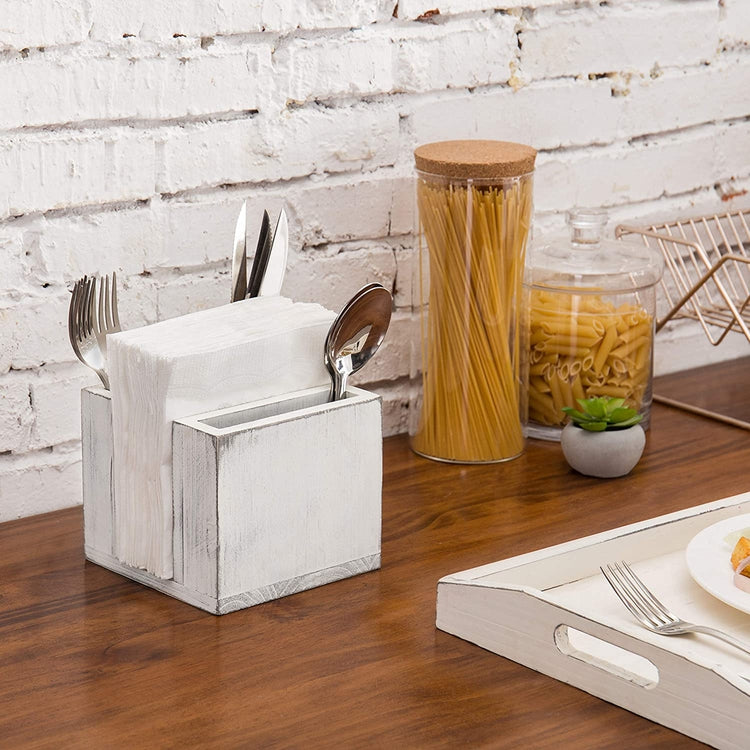 Vintage White Wood Flatware and Napkin Caddy-MyGift