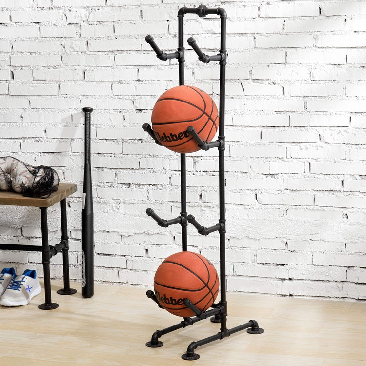 4-Tier Industrial Black Metal Pipe Indoor Outdoor Basketball, Volleyball, and Sports Ball Storage Organizer Rack-MyGift