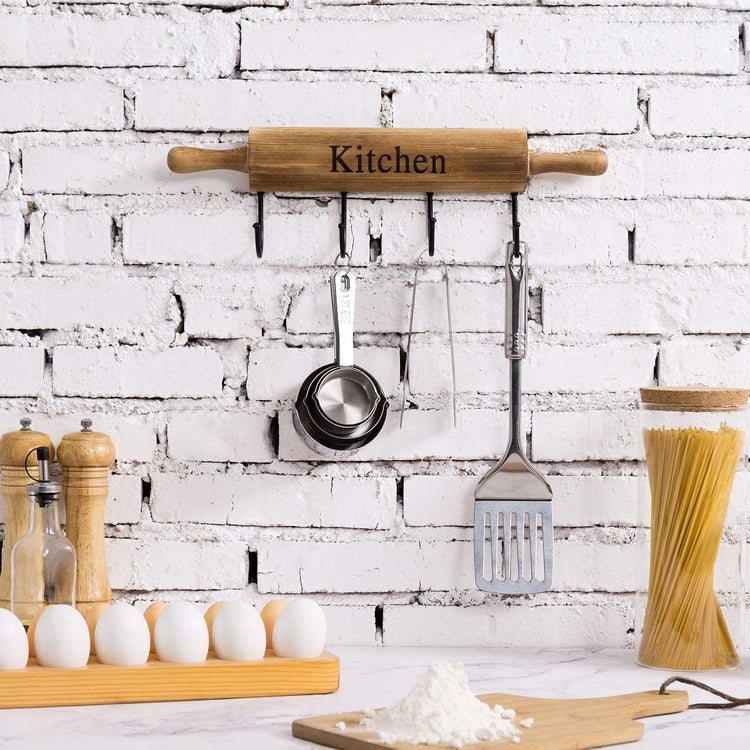4-Hook Burnt Brown Wood Wall Mounted Rolling Pin Design Kitchen Storage for Cooking Utensils, Mugs and Hand Towels-MyGift