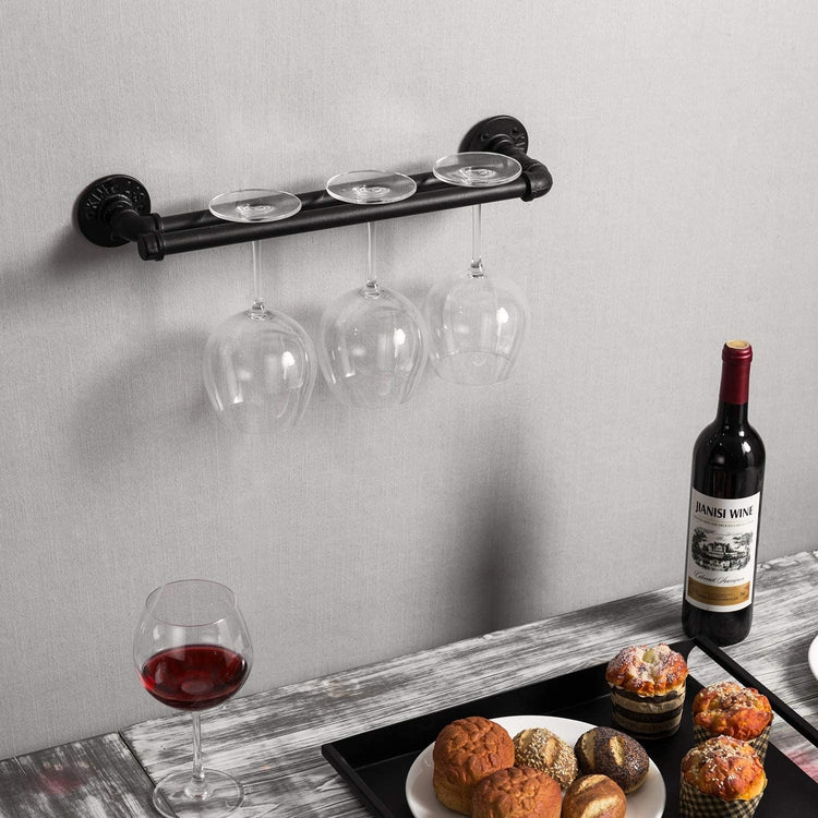 Black Industrial Pipe Style Wine Glass Storage Rack, Wall Mounted-MyGift