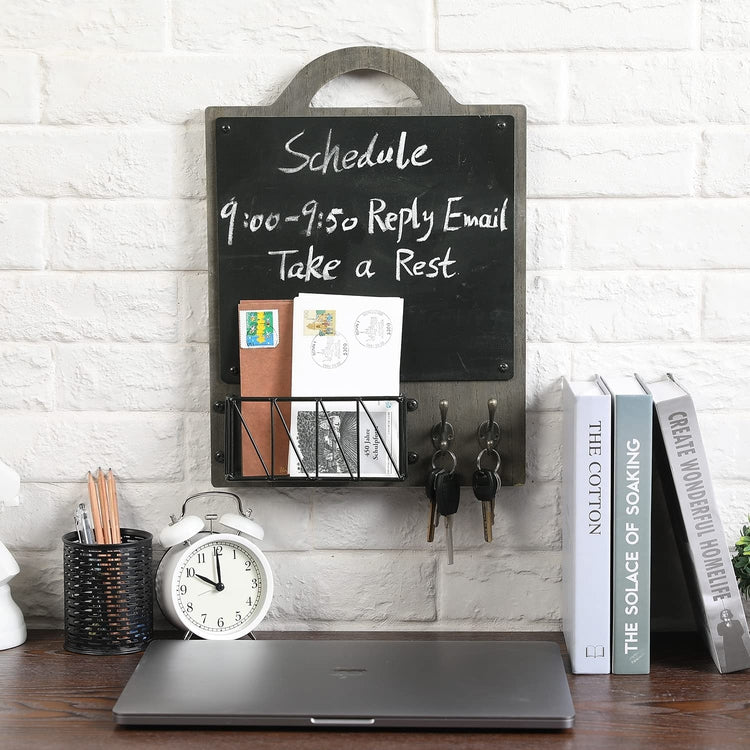 Gray Wood Entryway Wall Organizer with Mail and Key Holder, Chalkboard and Hooks, Family Organization Rack-MyGift