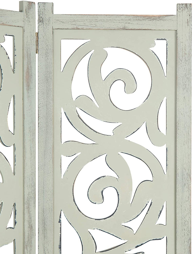 3-Panel Rustic Light Green Carved Wood Folding Room Divider-MyGift
