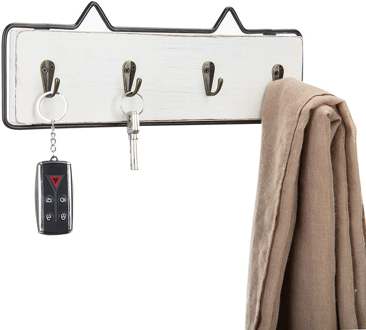 Vintage White Wood and Black Metal Key Holder - Wall Mounted Key Hanger Rack - Entryway Key Organizer-MyGift