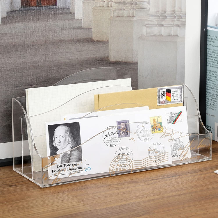 Clear Acrylic Desktop Office Storage 3-Slot Mail Sorter Letter Holder with Postcard Print Design-MyGift