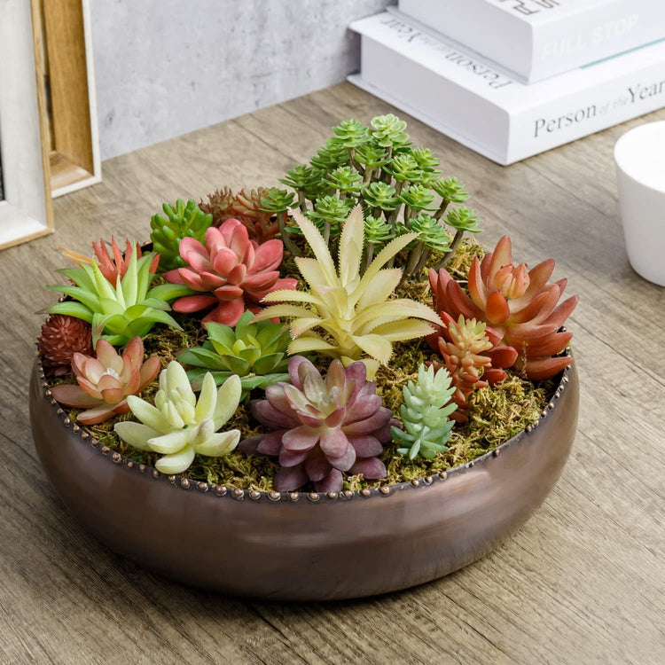 Copper Toned Metal Round Planter Bowl with Pebbled Rim, Shallow Succulent Pot-MyGift