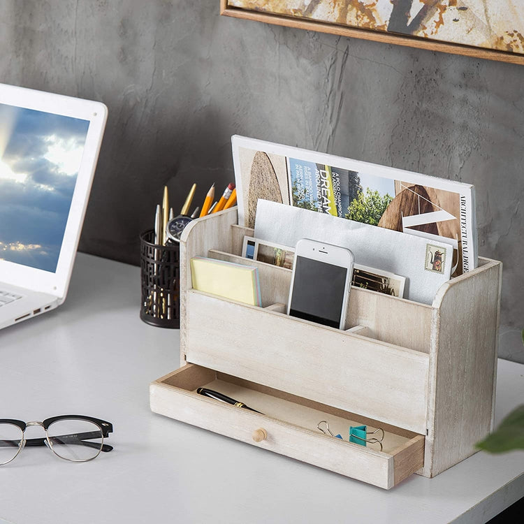 Whitewashed Wood Desktop Document & Supply Organizer with Pull Out Drawer-MyGift