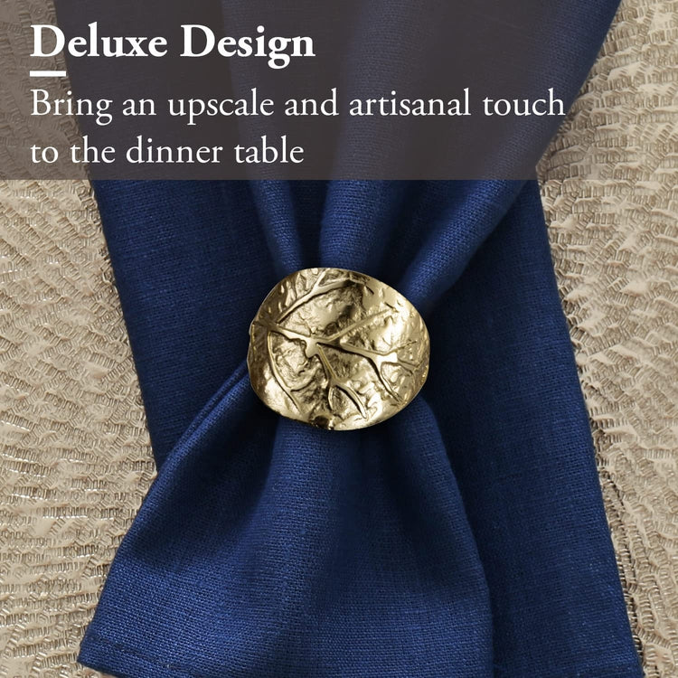 Set of 6, Leaf Napkin Rings, Brass Tone Cast Aluminum Napkin Holder with Foliage Design, Cloth Serviette Holders-MyGift