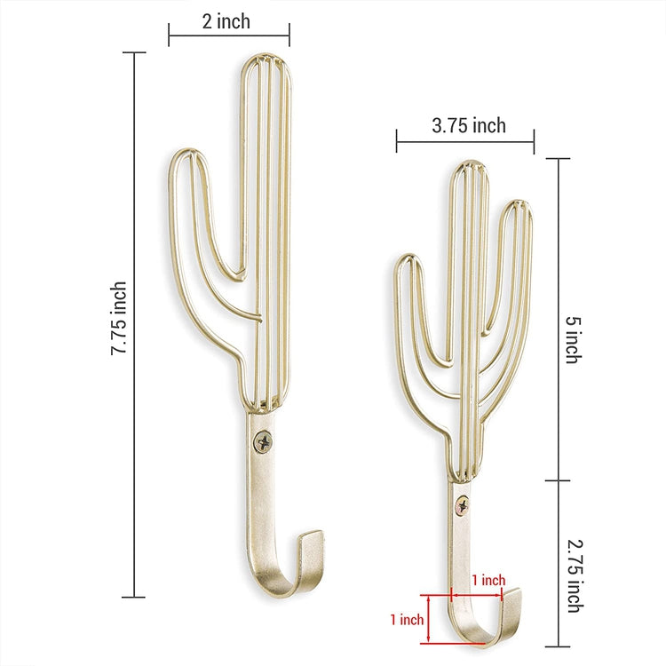 Set of 2 Wall-Mounted Brass-Tone Metal Cactus Coat Hooks-MyGift