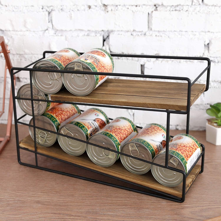 2-Tier Burnt Brown Wood and Black Metal Wire Soda Can Storage Rack, Canned Food Dispenser-MyGift
