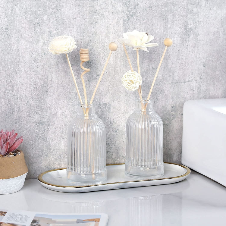 Set of 2, Embossed Clear Glass Reed Diffuser Bottles Rounded Miniature Flower Vases with Vertical Ribbed Textured Design-MyGift
