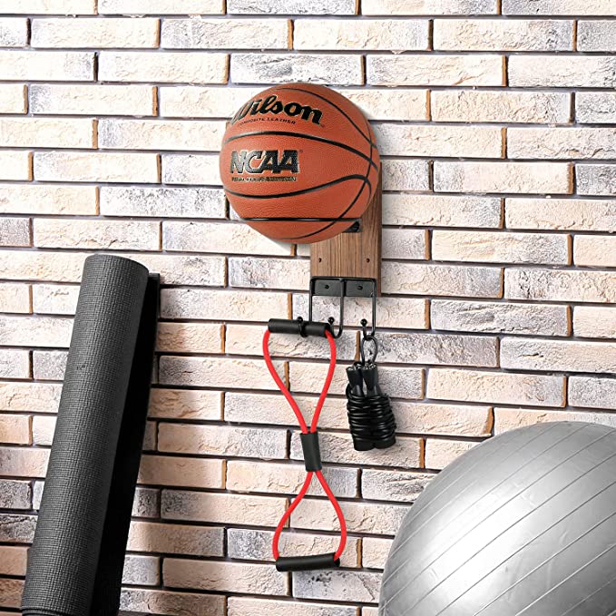 Wall Mounted Matte Black Metal Sports Ball Holder with Rustic Burnt Wood Backing and 3 Utility Storage Hooks-MyGift