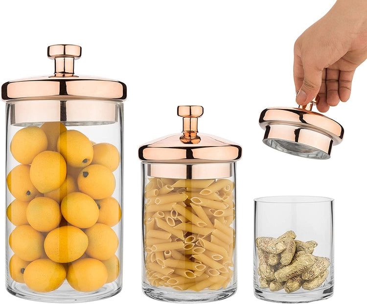 Set of 3 Clear Glass & Copper-Toned Metallic Kitchen & Bathroom Storage Containers Terrarium Jars-MyGift