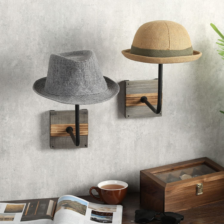 Set of 2, Black Metal Wall Mounted Hat Display Racks with Gray and Burnt Wood Base-MyGift