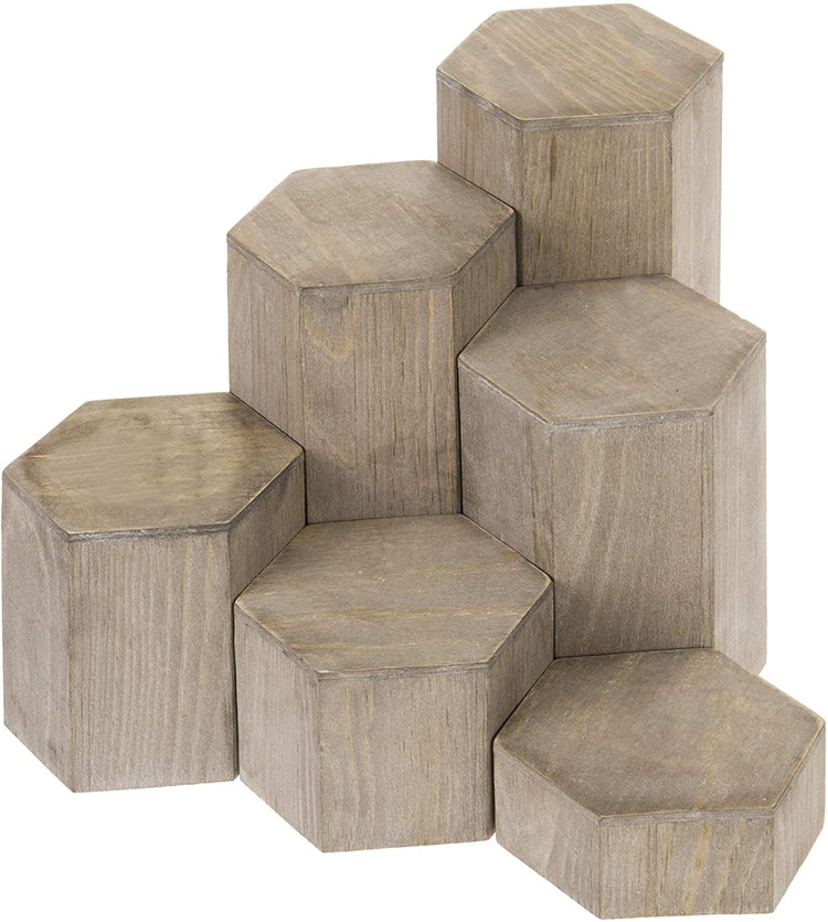 Set of 6, Brown Wood Hexagonal Jewelry Display Stand Riser-MyGift