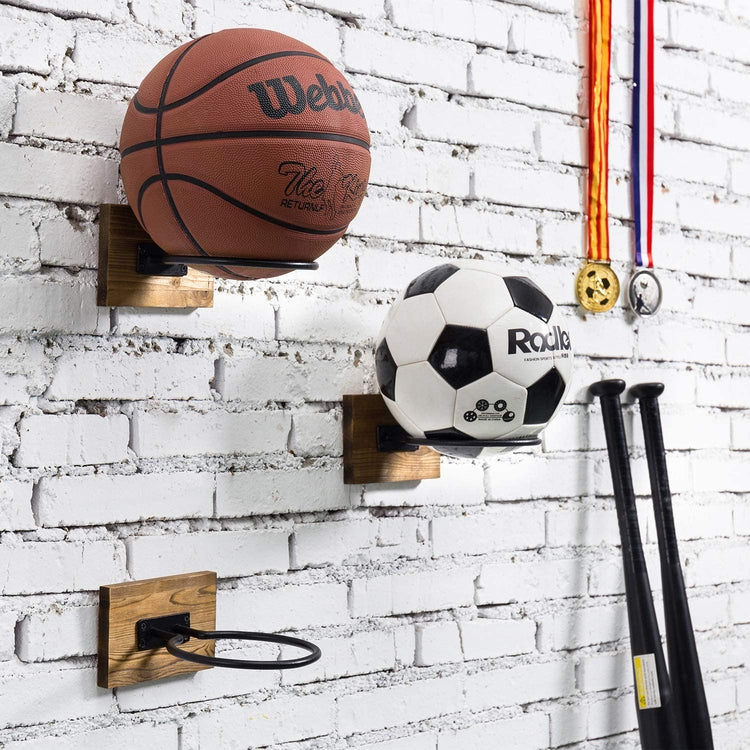 Set of 3, Wall Mounted Wood and Metal Sports Ball Storage Holders-MyGift