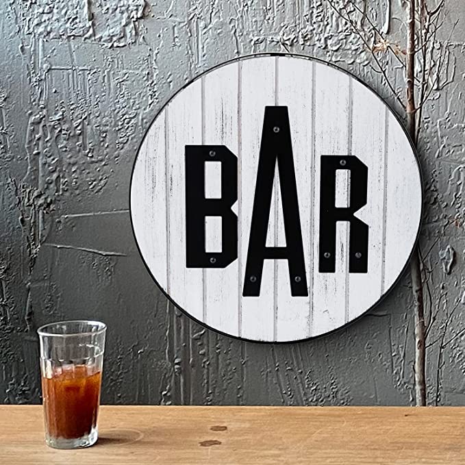 Whitewashed Wood Round Wall Décor Bar Sign with Black Metal Rim and BAR Letters-MyGift