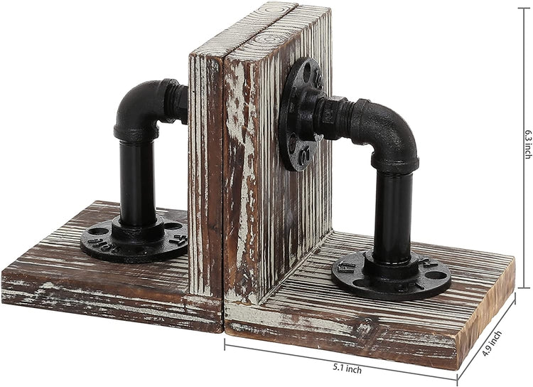 Industrial Urban Torched Wood and Black Metal Pipe Bookends (1 Pair)-MyGift