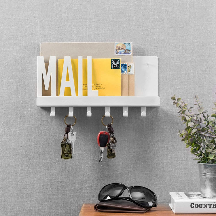 White Metal Entryway Mail Sorter Shelf & 6 Key Hooks-MyGift