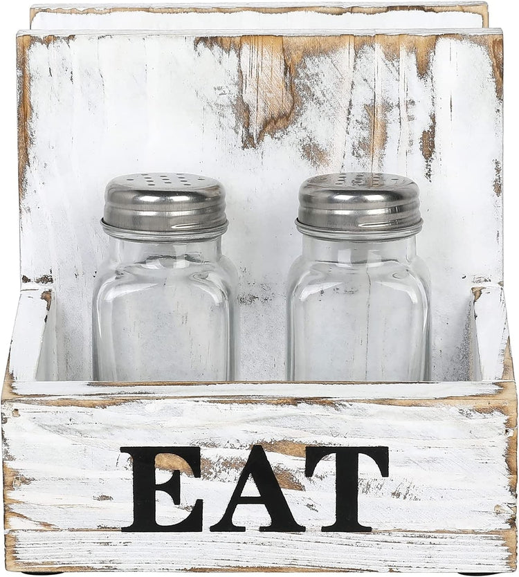 2 Compartment Whitewashed Wood Napkin Holder Rack with Spice Shakers, Condiment Bin and Printed EAT Label-MyGift