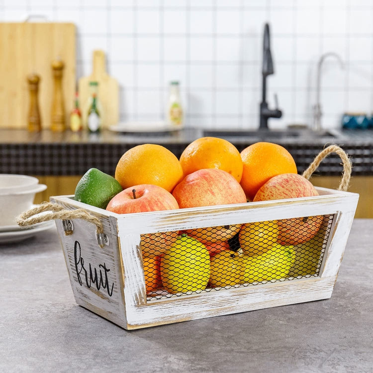 Wooden Fruit Basket, Whitewashed Wood Storage Bin with Wire Mesh Sides, Rope Handles and Cursive FRUIT Label-MyGift