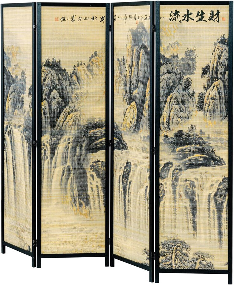 Paneled Black Frame Freestanding Room Divider Bamboo Folding Privacy Screen with Dual Sided Asian Mountain & Waterfall-MyGift