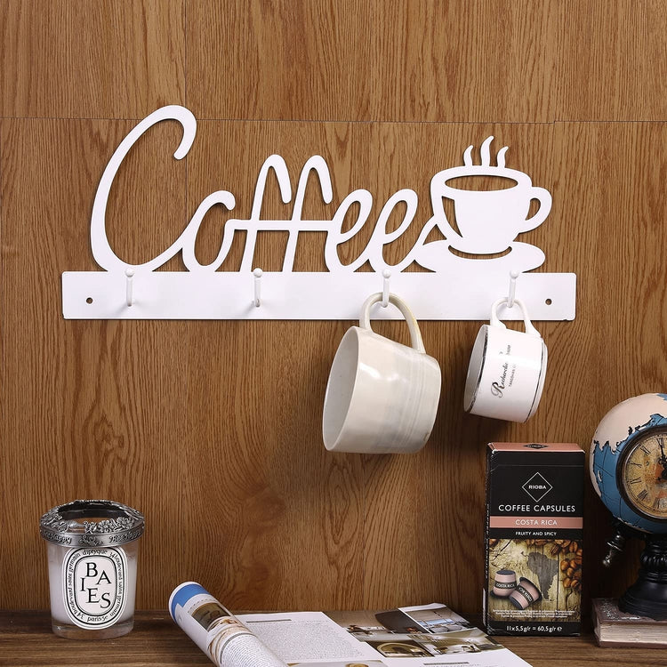 4-Hook White Metal Coffee Cup Wall Mounted Sign and Café Mug Storage Rack-MyGift