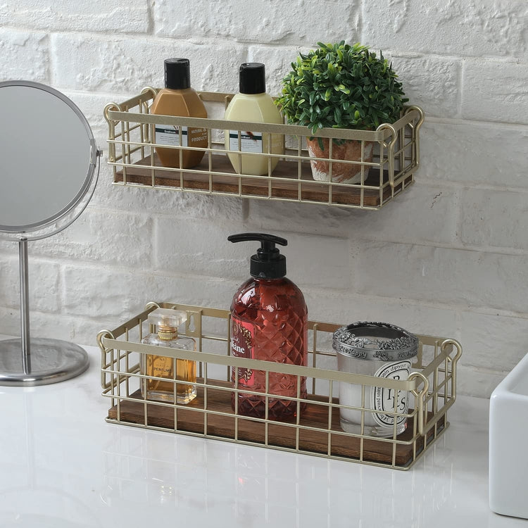 Set of 2, Wall Mounted or Tabletop Modern Brass Metal Wire and Burnt Wood Small Decorative Storage Baskets with Handles-MyGift