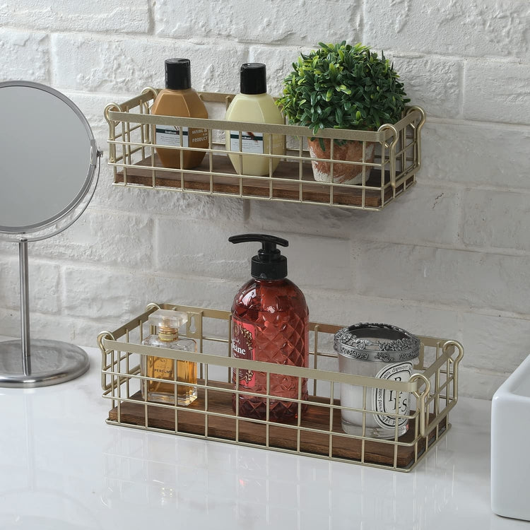 Set of 2, Wall Mounted or Tabletop Modern Brass Metal Wire and Burnt Wood Small Decorative Storage Baskets with Handles-MyGift