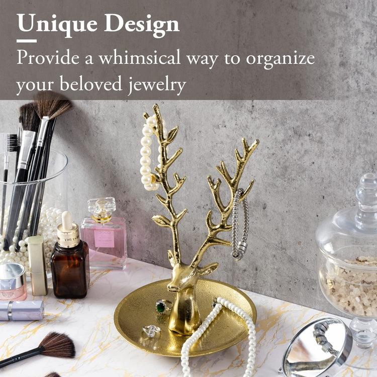 Deer Jewelry Holder Trinket Dish, Brass Tone Metal Reindeer Head Tabletop Ring Tray with Necklace and Bracelet Stand-MyGift
