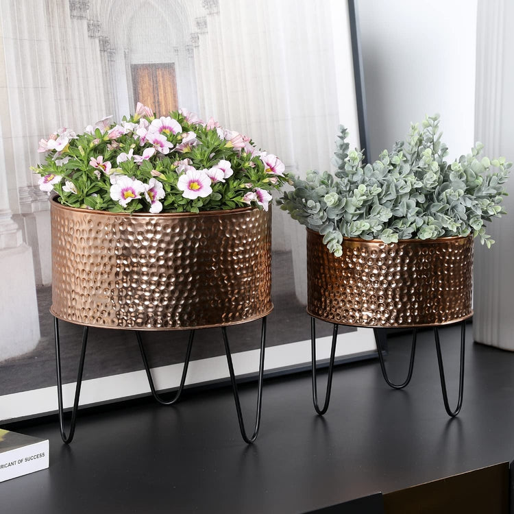 copper plant stand indoor Hammered Style Copper Tone Galvanized Metal Planter Pots with Matte Black Metal Wire Stand, Set of 2