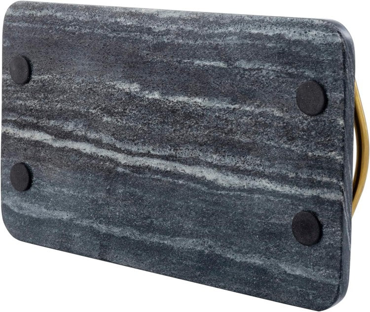 14 Inch Dark Gray Marble Rectangular Serving Tray with Curved Brass Tone Metal Handles, Dining Table Platter-MyGift