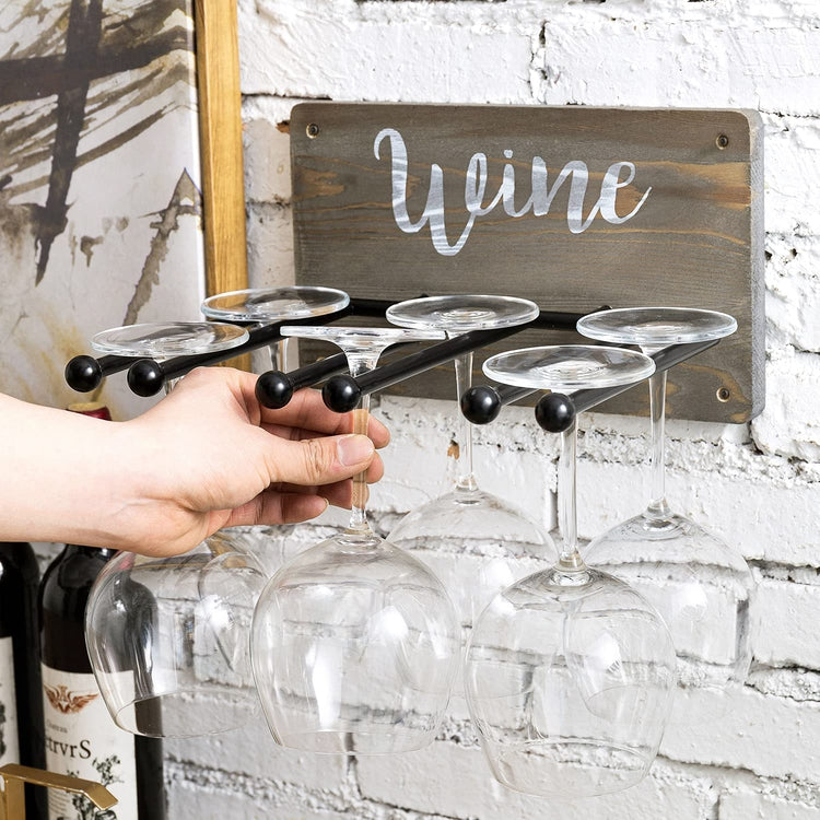 Wall Mounted Gray Wood and Black Metal Stemware Rack, Wine Glass Holder with WINE Cursive Lettering-MyGift