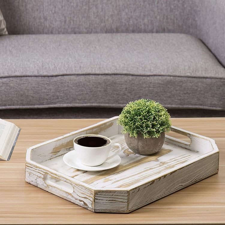 Whitewashed Wood Breakfast Serving Tray with Handles and Angled Corners-MyGift
