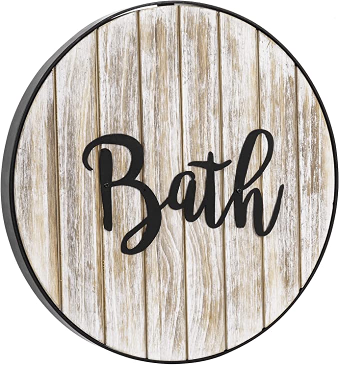 Whitewashed Wood & Black Metal Bathroom Wall Decor Sign with Cursive Bath Lettering-MyGift