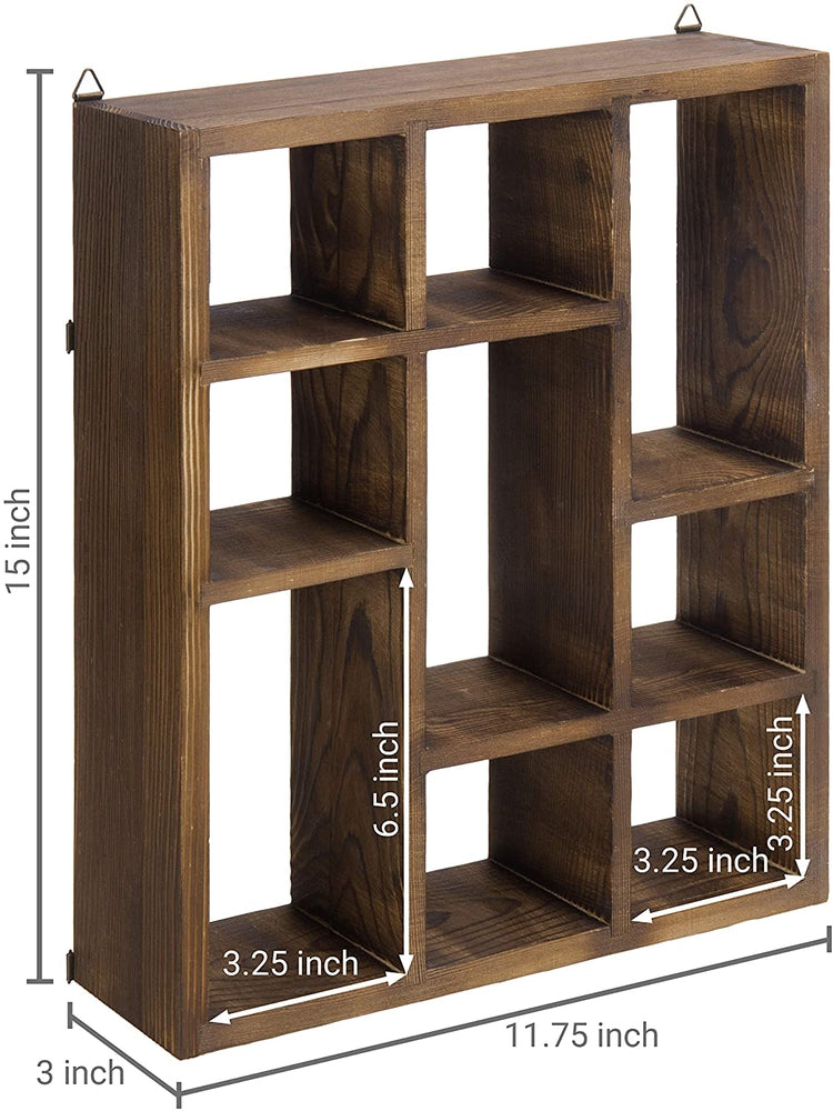 Brown 9-Compartment Wood Freestanding Shadow Box, Wall Mountable Shelf-MyGift