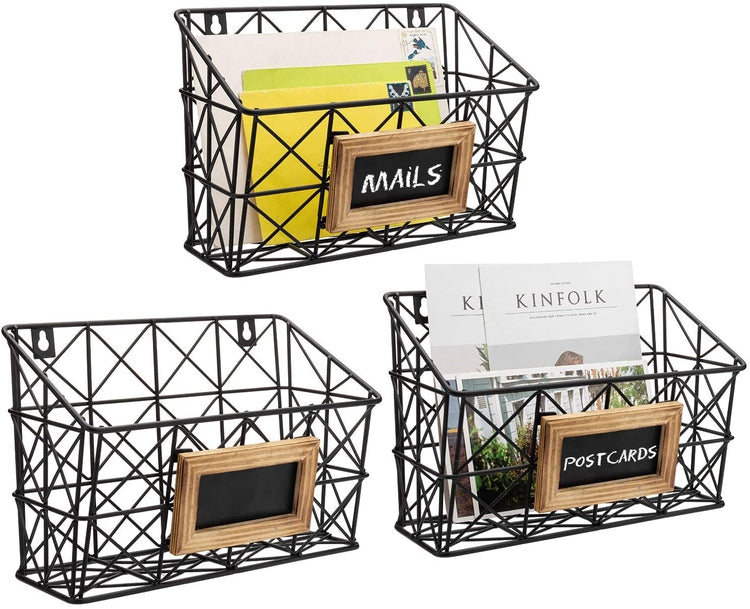 Set of 3, Wall Mounted Geometric Black Metal Wire Mail Storage Baskets with Wood Frame Chalkboard Labels-MyGift