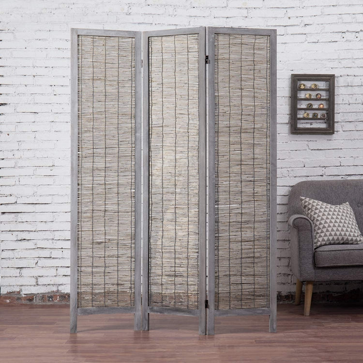 3 Panel, Woven Reed Room Divider with Distressed Gray Solid Wood Frame-MyGift