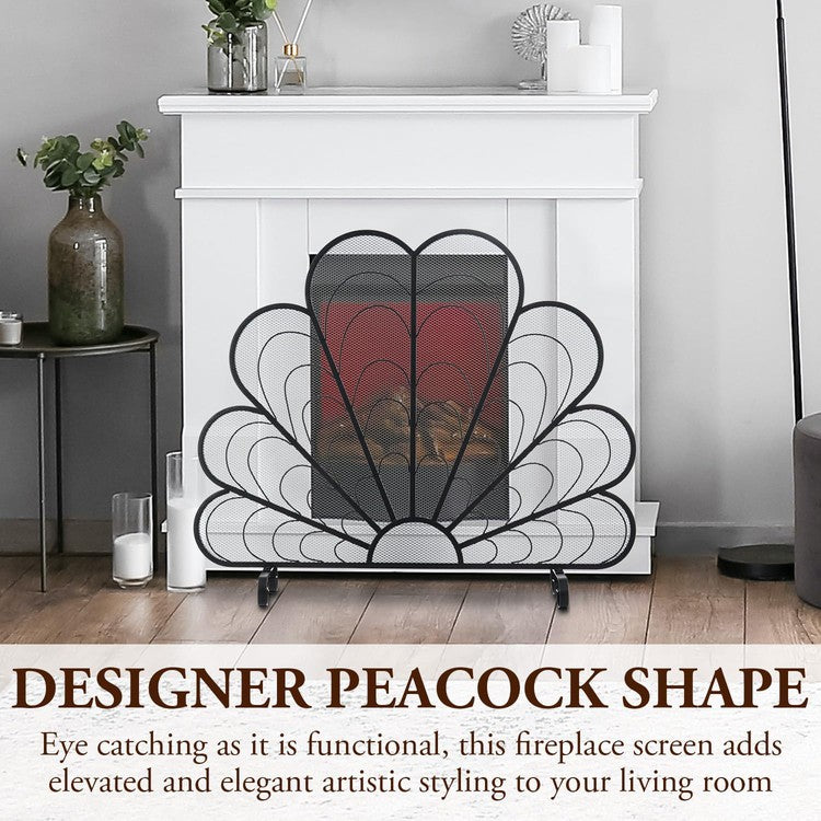 Peacock Feather Matte Black Metal Fireplace Screen on Elevated Curved Legs, Freestanding Decorative Mesh Spark Guard-MyGift