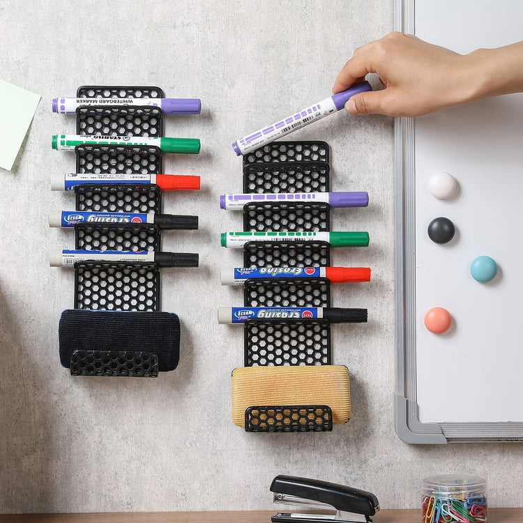 Black Metal Wall Mounted Dry Erase Marker and Whiteboard Eraser Holders, Honeycomb Hexagonal Perforated Design-MyGift