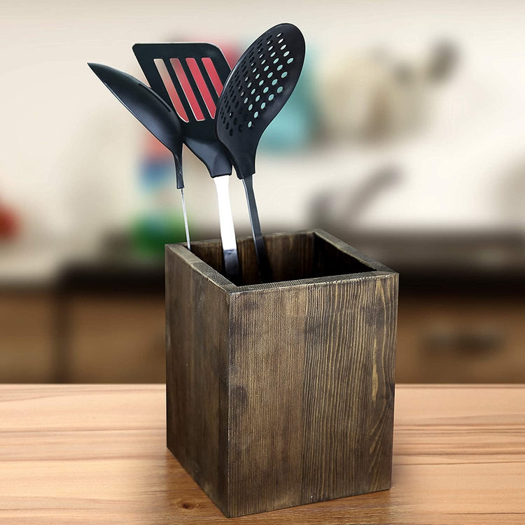 Coffee Brown Wood Kitchen Utensil Holder, Countertop Cooking Organizer-MyGift