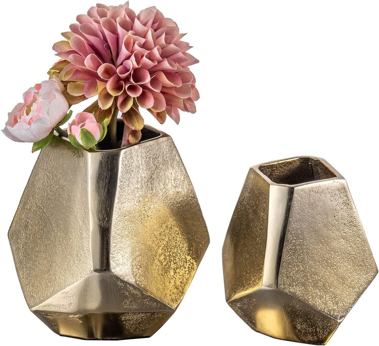 4 and 6 Inch Brass Tone Cast Aluminum Geometric Vases, Pentagonal Vase Centerpiece-MyGift