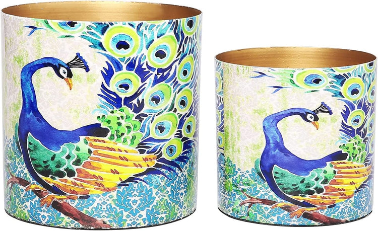 Set of 2, Metal Colorful Flower Pots with Peacock Design, Succulent Planter with Brass Tone Interior-MyGift