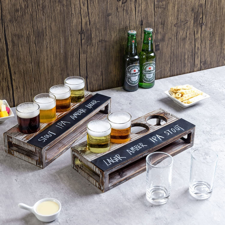 Beer Sampler Tray Torched Wood Serving Set with 4 Glasses and Erasable ...