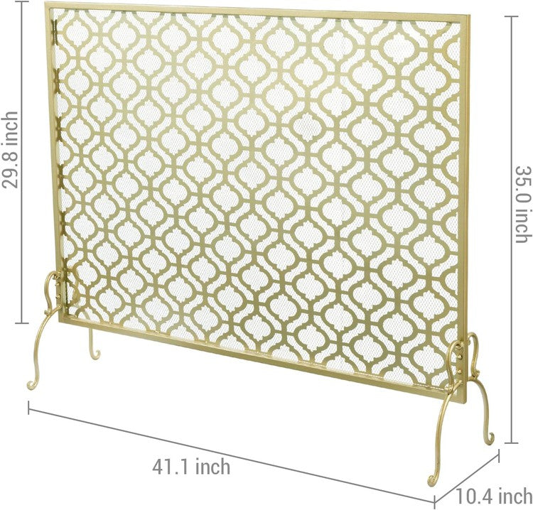 Brass Tone Metal Fireplace Screen with Vintage Moroccan Arabesque