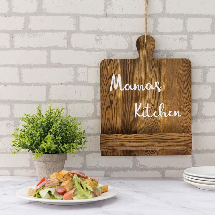 Dark Brown Burnt Wood Cookbook Recipe Holder Stand with White Cursive "Mama's Kitchen"-MyGift
