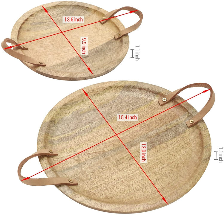 Set of 2, Handcrafted Mango Wood Serving Trays with Leatherette Handles, 12 and 10-Inch Round Trays-MyGift
