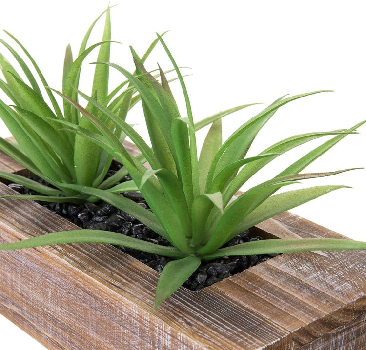 10-inch Artificial Green Grass Plants in Brown Wood Rectangular Planter Pot-MyGift