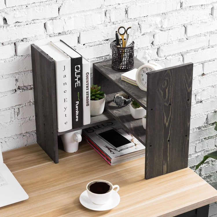 Vintage Stone Gray Wood Adjustable Desktop Bookshelf Display Rack-MyGift